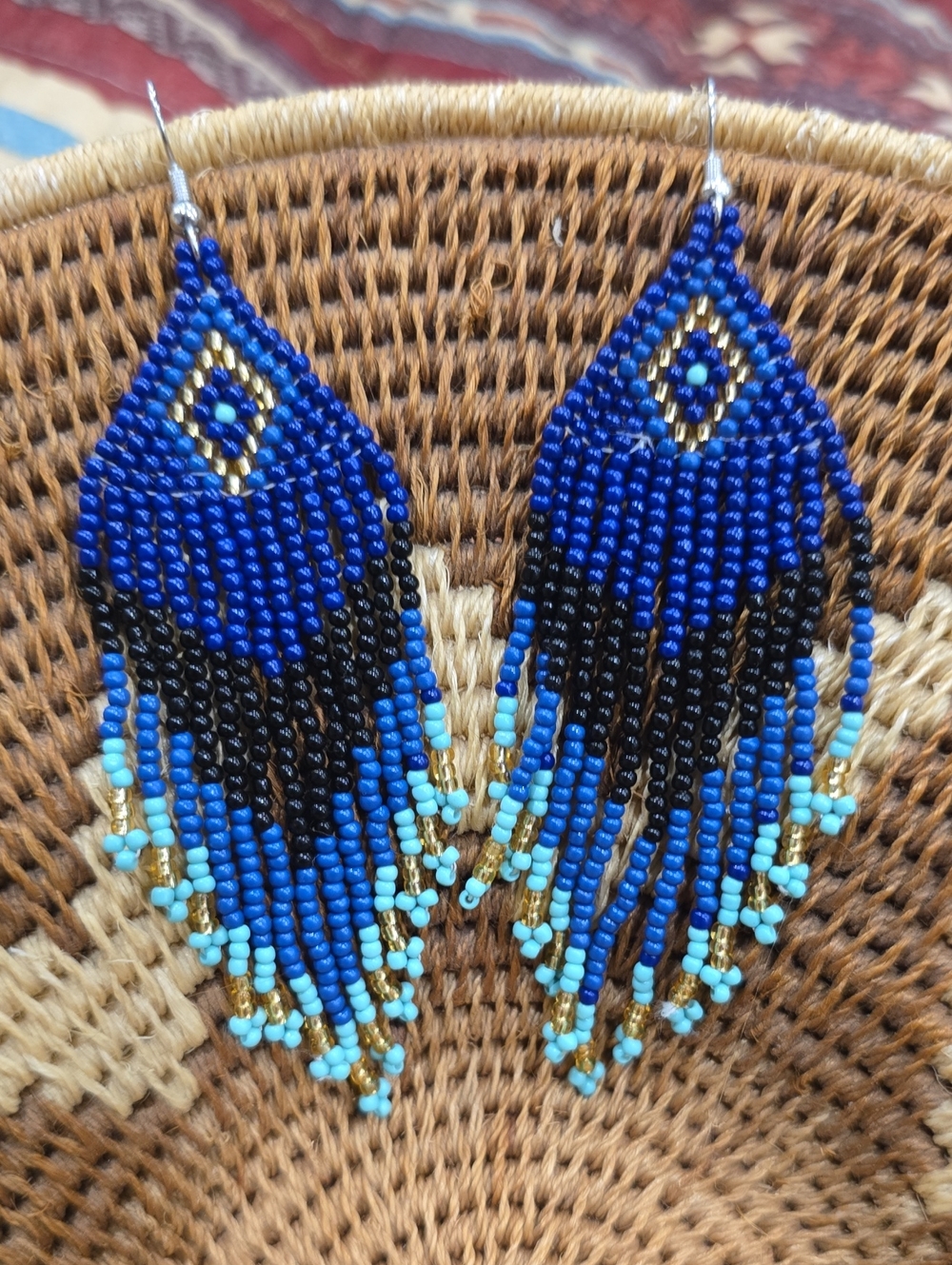 Handmade Beaded Fringe Earrings - Blue, Black, Aqua & Gold